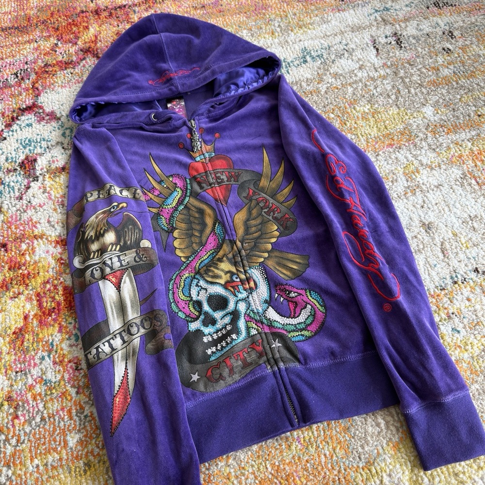VINTAGE Y2K Ed Hardy Purple Velour Zip Hoodie Rhinestone Eagle Skull Medium